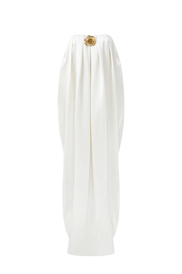 Ivory Satin Silk Bustier A-line Dress With Gold Flower Detail - IHF STUDIO