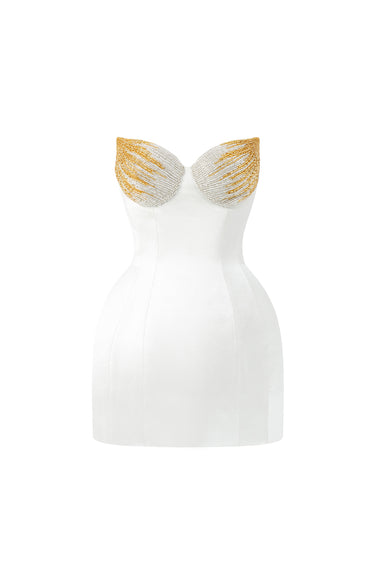 Ivory Satin Silk BustierMini Dress With Lotus-Petal Shaped Detailing - IHF STUDIO