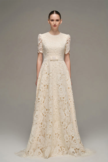 Ivory crochet lace A-line gown with short sleeves and crystal detailing at neckline and waist - IHF STUDIO