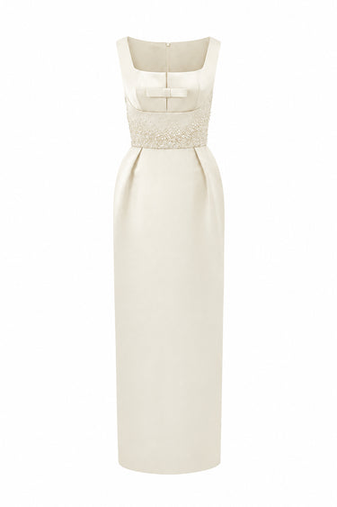 Ivory silk taffeta midi column dress with square neck and mini bow detail - IHF STUDIO