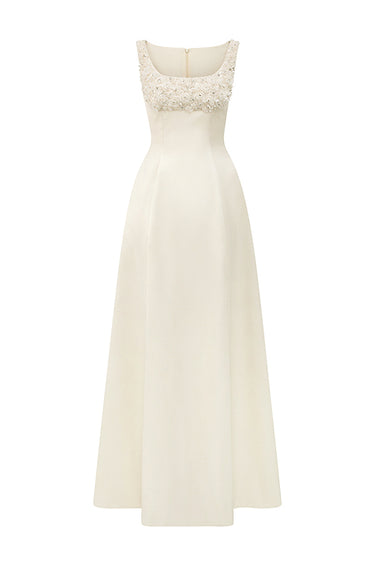 Ivory silk taffeta trapeze maxi A-line dress with crystal embellishment - IHF STUDIO