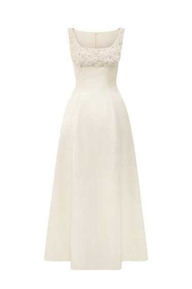 Ivory Silk Taffeta Trapeze Midi Mullet A-line Dress With Crystals Embellishment - IHF STUDIO