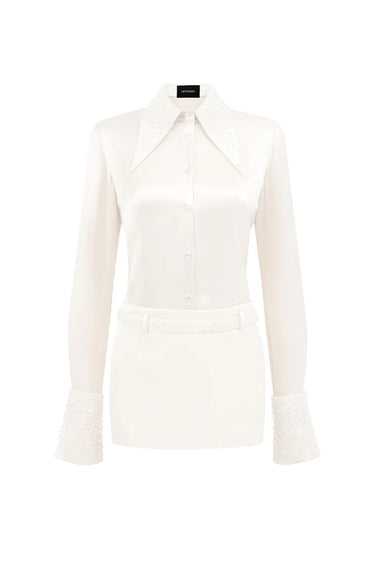 Ivory Slim-Fit Shirt With Low-Rise Mini Skirt - IHF STUDIO
