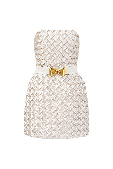 Ivory Smocked Silk Bustier Mini Column Dress with Gold Flower Waist Belt - IHF STUDIO