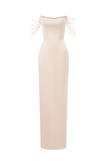 Ivory Taffeta Maxi Corset Dress with Off-Shoulder Sequin Embellishment - IHF STUDIO