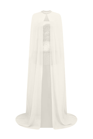 Ivory Taffeta Mini Column Dress with Sequin Floral Embellishment and Draped Cape - IHF STUDIO