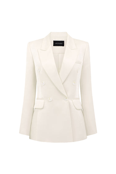Ivory silk taffeta oversized blazer with broad shoulders and a cinched waist - IHF STUDIO