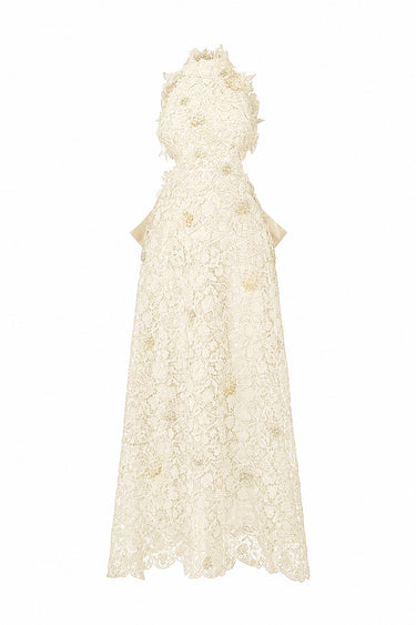Ivory Vine Floral Lace Halter Midi A-Line Dress With Waist Cut-Out And Crystal Embellishment - IHF STUDIO
