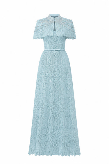 Light blue Architectural Lace bustier A-line dress with mini cape and crystal embellishment - IHF STUDIO