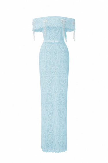 Light blue Architectural Lace off-shoulder dress with crystal embellishment - IHF STUDIO