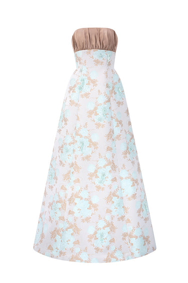 Light Blue Clustered Floral Brocade And Light Brown Silk Taffeta A-Line Dress With Draped Details - IHF STUDIO