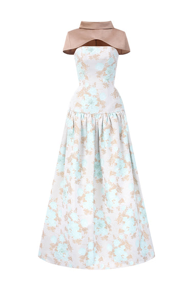 Light Blue Clustered Floral Brocade And Light Brown Silk Taffeta A-Line Dress With Mini Cape - IHF STUDIO