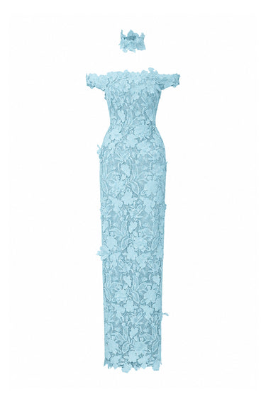 Light blue Floral Garden Lace off-shoulder dress - IHF STUDIO