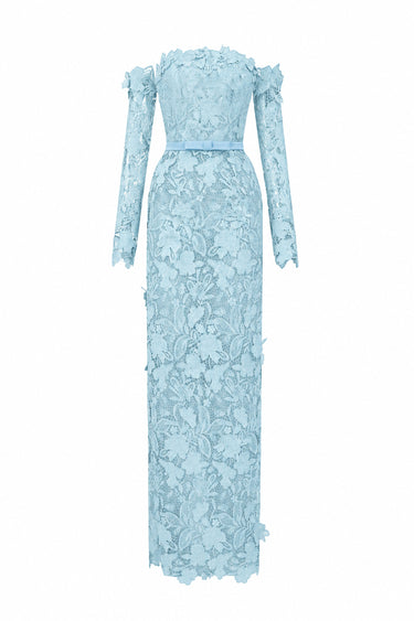 Light blue Floral Garden Lace off-shoulder dress with long sleeves - IHF STUDIO