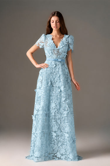 Light blue Floral Garden short-sleeve A-line maxi dress - IHF STUDIO