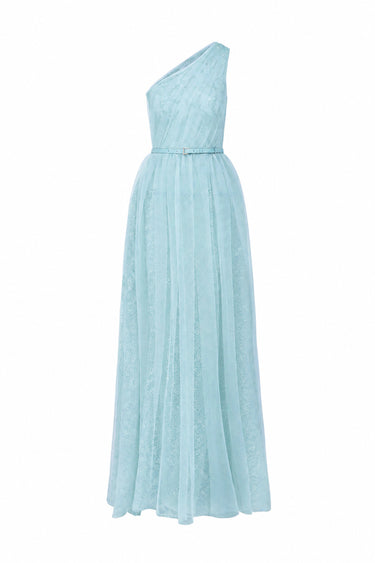 Light Blue Tiny Floral Mesh Lace One-Shoulder A-Line Dress With Draped Tulle Details - IHF STUDIO