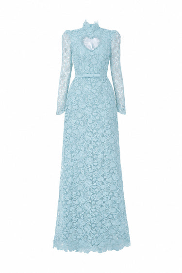 Light Blue Vine Floral Lace Long-Sleeve Maxi Dress With Heart Cutout, Balloon Drawstring - IHF STUDIO