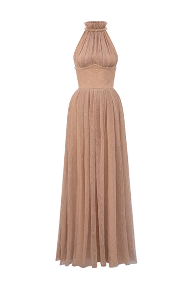 Light Brown Vine Guipure Lace A-Line Dress With Ruffle Collar - IHF STUDIO