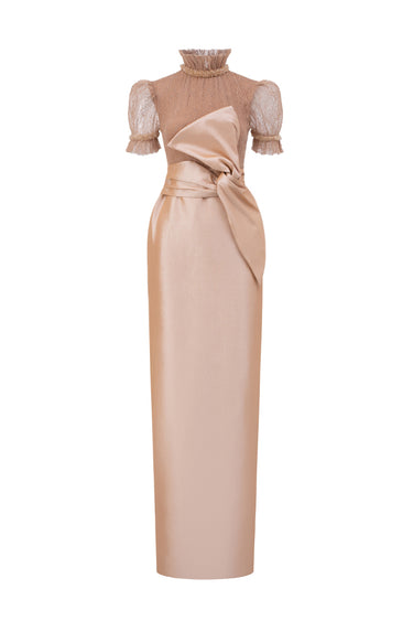 Light Brown Vine Guipure Lace And Taffeta Column Dress With Draped Bow Detail - IHF STUDIO