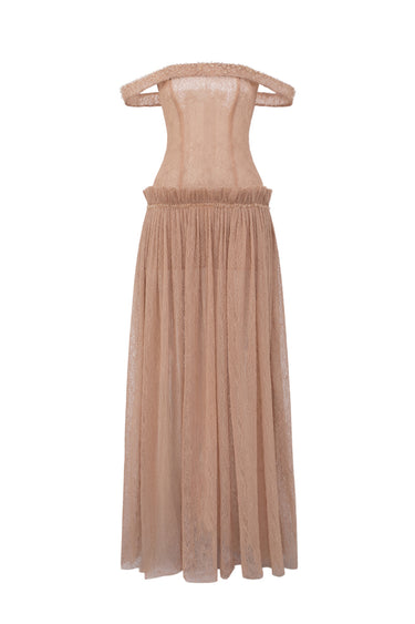 Light Brown Vine Guipure Lace Off-Shoulder A-Line Dress With Horizontal Train - IHF STUDIO