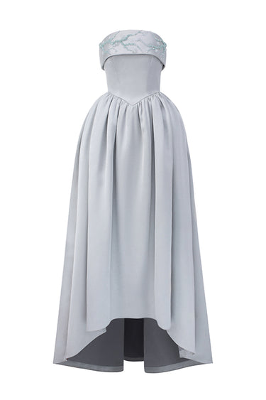 Light Grey Silk Taffeta Bustier Midi Mullet A-Line Dress With Crystal Embellishment - IHF STUDIO