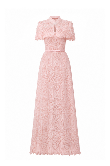 Light Pink Architectural Lace bustier A-line dress with mini cape and crystal embellishment - IHF STUDIO
