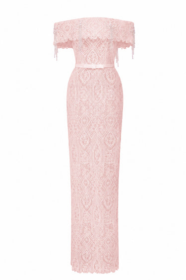 Light Pink Architectural Lace Off-Shoulder Dress With Crystal Embellishment - IHF STUDIO