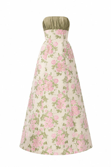 Light Pink Clustered Floral Brocade And Light Brown Silk Taffeta A-Line Dress With Draped Details - IHF STUDIO