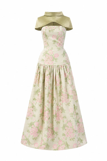 Light Pink Clustered Floral Brocade And Light Brown Silk Taffeta A-Line Dress With Mini Cape - IHF STUDIO