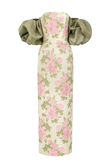 Light Pink Clustered Floral Brocade And Light Brown Silk Taffeta Midi Column Dress With Puff Sleeves - IHF STUDIO