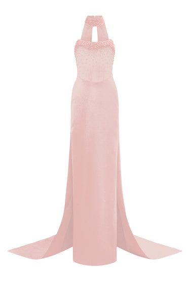 Light Pink Crystal-Embellished Corset Maxi Dress with Detachable Train - IHF STUDIO