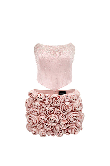 Light pink crystal-embellished corset top with handmade rolled-rose mini skirt.