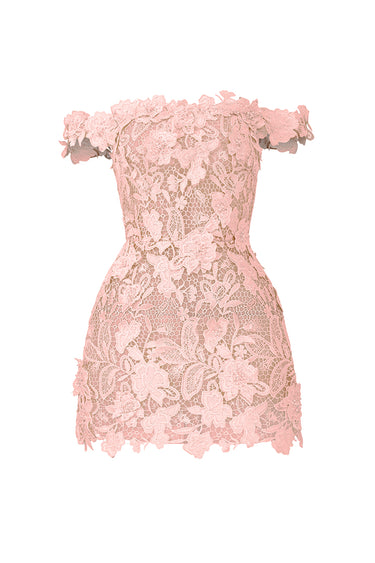 Light Pink Floral Garden Lace Bustier Mini Column Dress With Off-Shoulder Details - IHF STUDIO