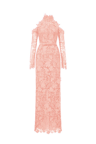 Light Pink Floral Garden Lace Dress With Halter Neck And Long Sleeves - IHF STUDIO