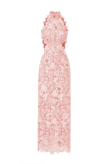Light Pink Floral Garden Lace Dress with Waist Cut-Out Details - IHF STUDIO