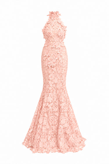 Light pink Floral Garden Lace halter mermaid pear-silhouette maxi dress - IHF STUDIO