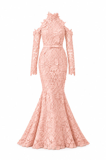 Light pink Floral Garden Lace mermaid dress with halter neck and long sleeves - IHF STUDIO