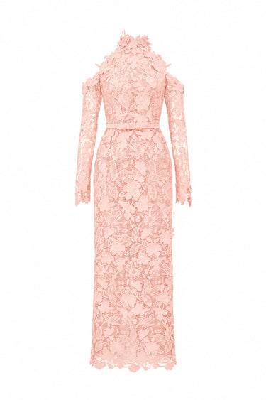 Light pink Floral Garden Lace midi dress with halter neck and long sleeves - IHF STUDIO
