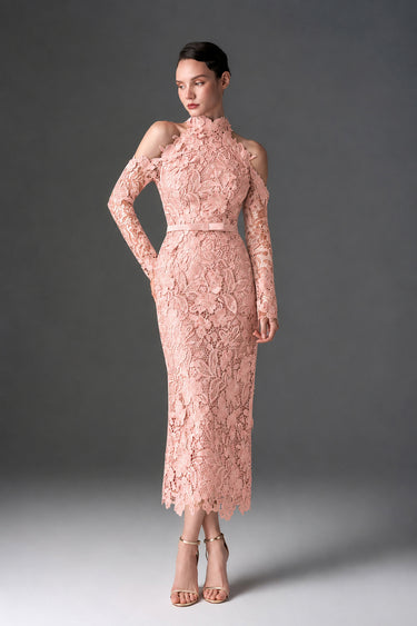 Light pink Floral Garden Lace midi dress with halter neck and long sleeves - IHF STUDIO