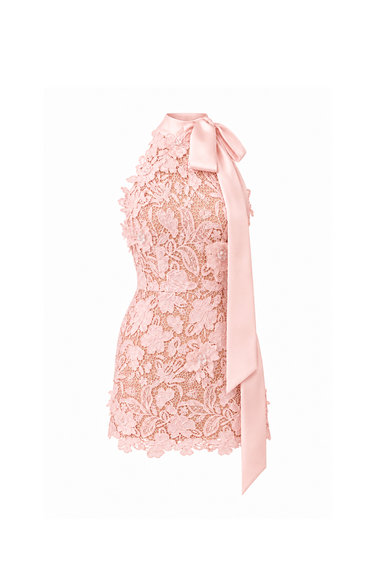 Light pink Floral Garden Lace and Agate Silk halter mini dress with long bow straps and hand-applied 3D lace motifs.