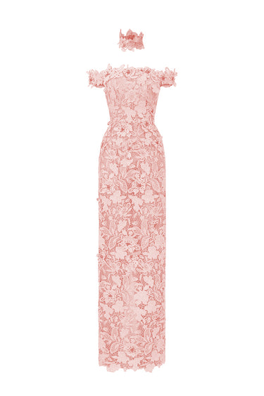 Light Pink Floral Garden Lace Off-Shoulder Dress - IHF STUDIO