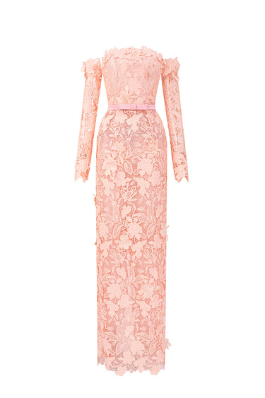 Light Pink Floral Garden Lace Off-Shoulder Dress with Long Sleeves - IHF STUDIO