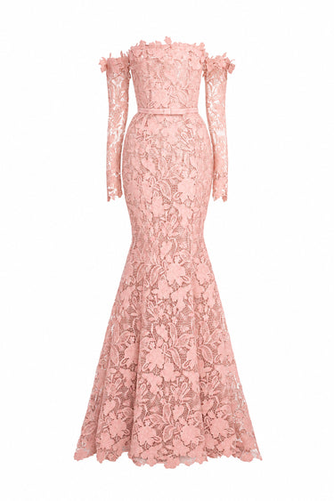 Light Pink Floral Garden Lace Off-Shoulder Mermaid Dress With Silk Waist Belt - IHF STUDIO