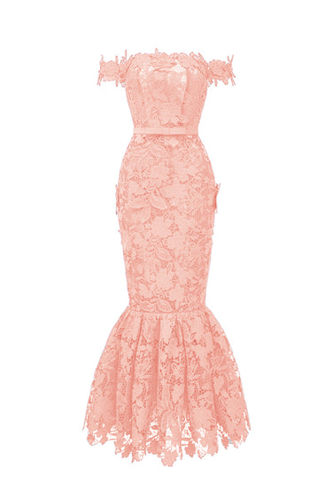 Light Pink Floral Garden Lace Off-Shoulder Midi-Mermaid Dress - IHF STUDIO