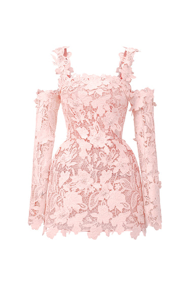 Light Pink Floral Garden Lace Off-Shoulder Mini Dress with Long Sleeves - IHF STUDIO