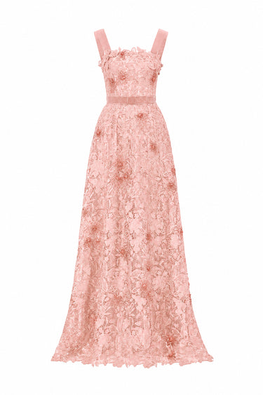 Light Pink Floral Garden Lace Square-Neck A-Line Dress With Velvet Waist Belt - IHF STUDIO