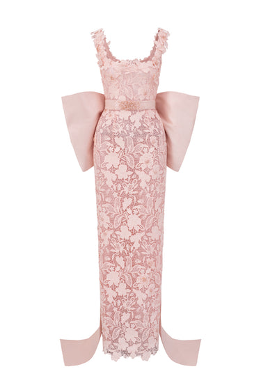 Light Pink Floral Garden Lace Square-Neck Column Dress With Large Back Bow - IHF STUDIO