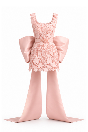 Light pink Floral Garden Lace square-neck mini column dress with large back bow - IHF STUDIO