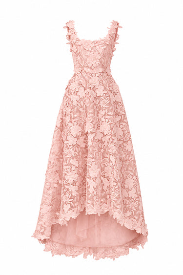 Light pink Floral Garden Lace trapeze midi mullet A-line dress with pearl cluster embellishment - IHF STUDIO