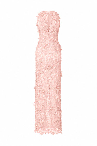 Light pink Floral Garden Lace V-neck maxi-column dress with crystal cluster embellishment - IHF STUDIO